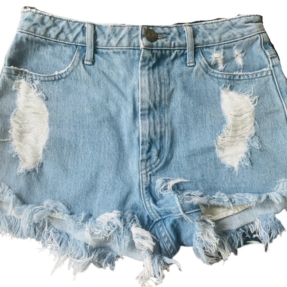 Show Me Your Mumu Light Wash Distressed Denim Shorts Frayed Hem High Rise